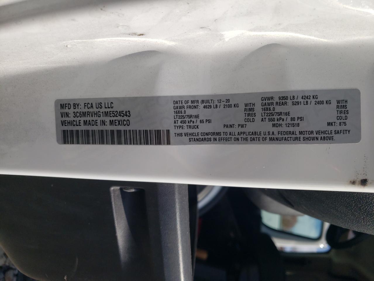 2021 Ram Promaster 3500 3500 High VIN: 3C6MRVHG1ME524543 Lot: 84947325