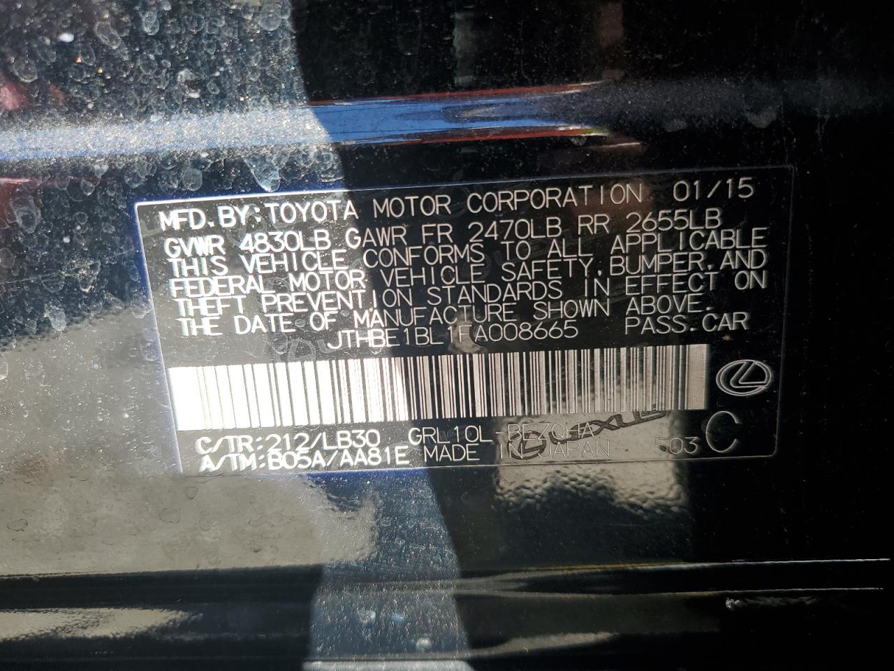 2015 Lexus Gs 350 VIN: JTHBE1BL1FA008665 Lot: 87008585