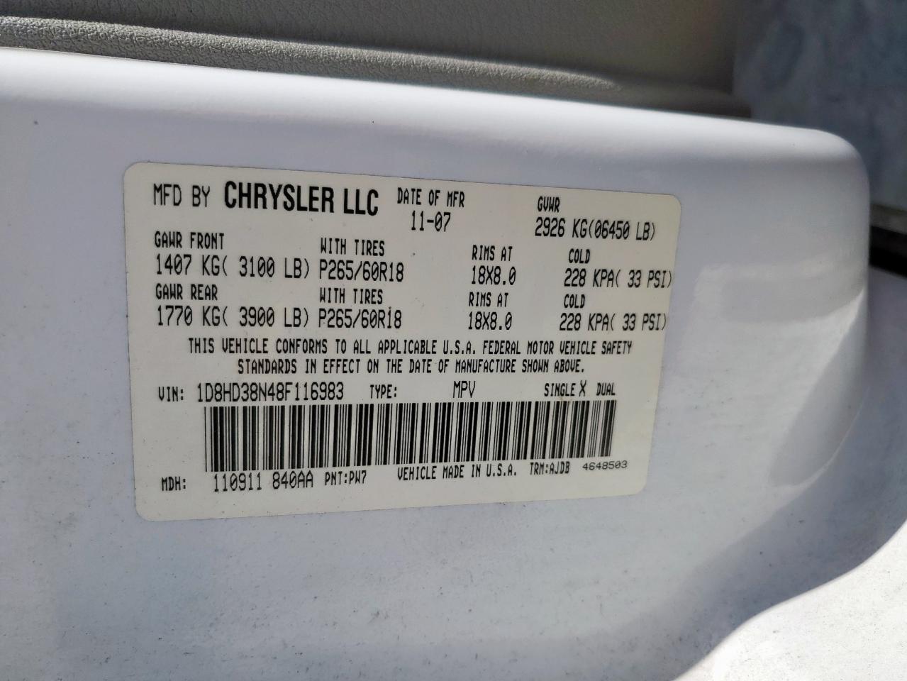 2008 Dodge Durango Sxt VIN: 1D8HD38N48F116983 Lot: 86221045