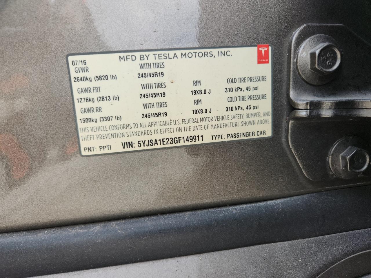 2016 Tesla Model S VIN: 5YJSA1E23GF149911 Lot: 82298055