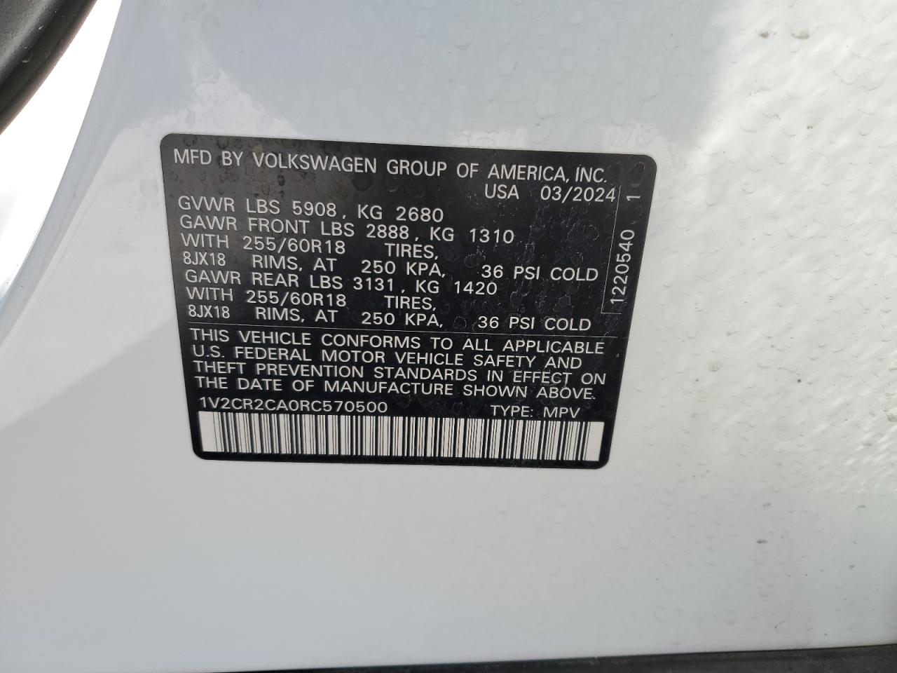 2024 Volkswagen Atlas Peak Edition Se VIN: 1V2CR2CA0RC570500 Lot: 82289715