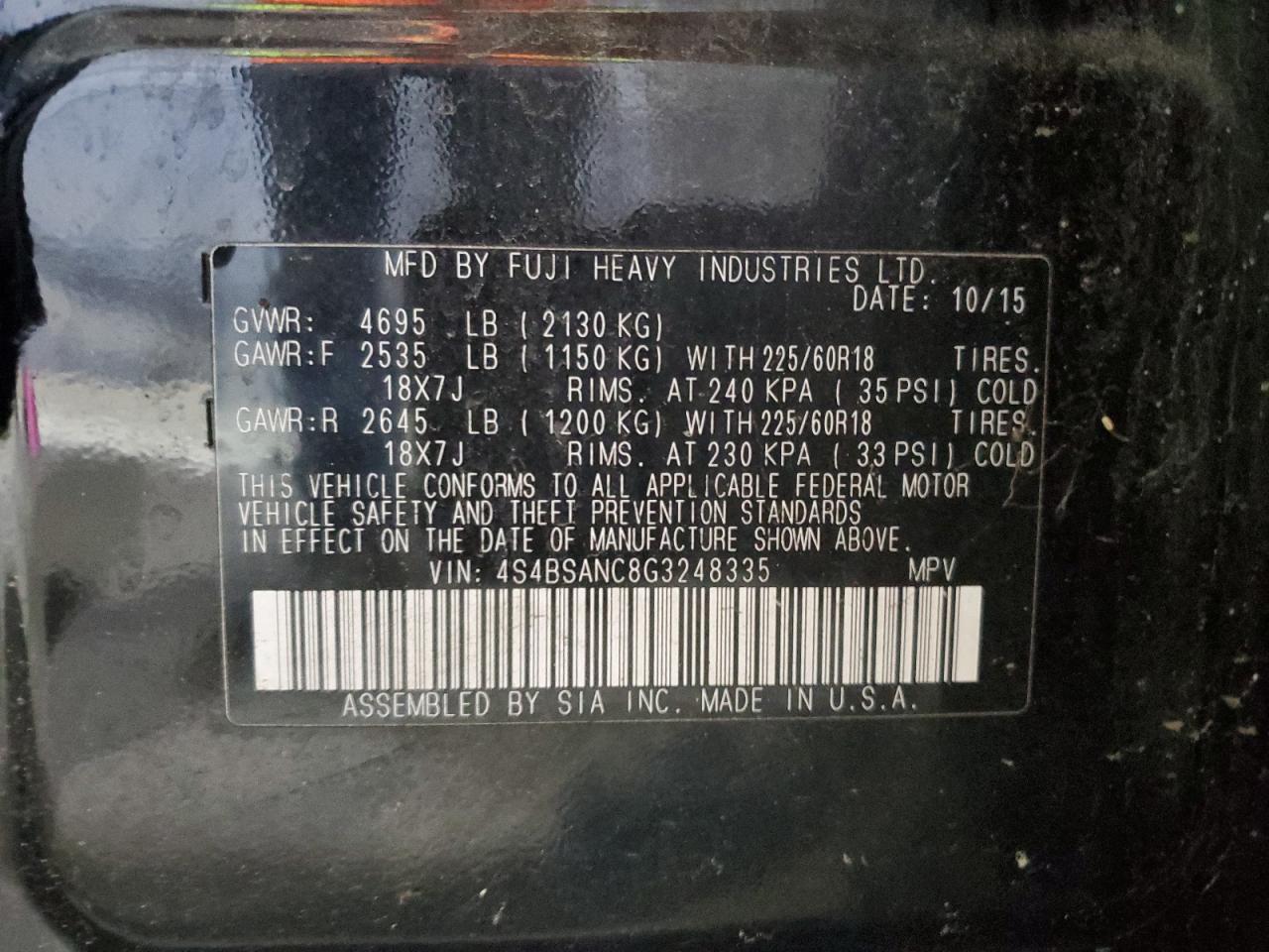 2016 Subaru Outback 2.5I Limited VIN: 4S4BSANC8G3248335 Lot: 86259965