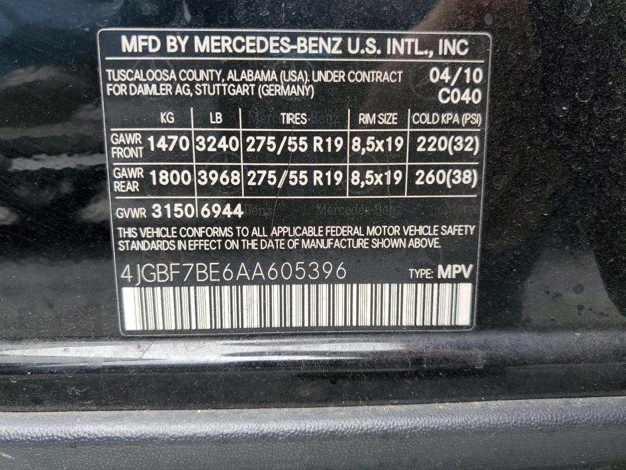 2010 Mercedes-Benz Gl 450 4Matic VIN: 4JGBF7BE6AA605396 Lot: 81949355