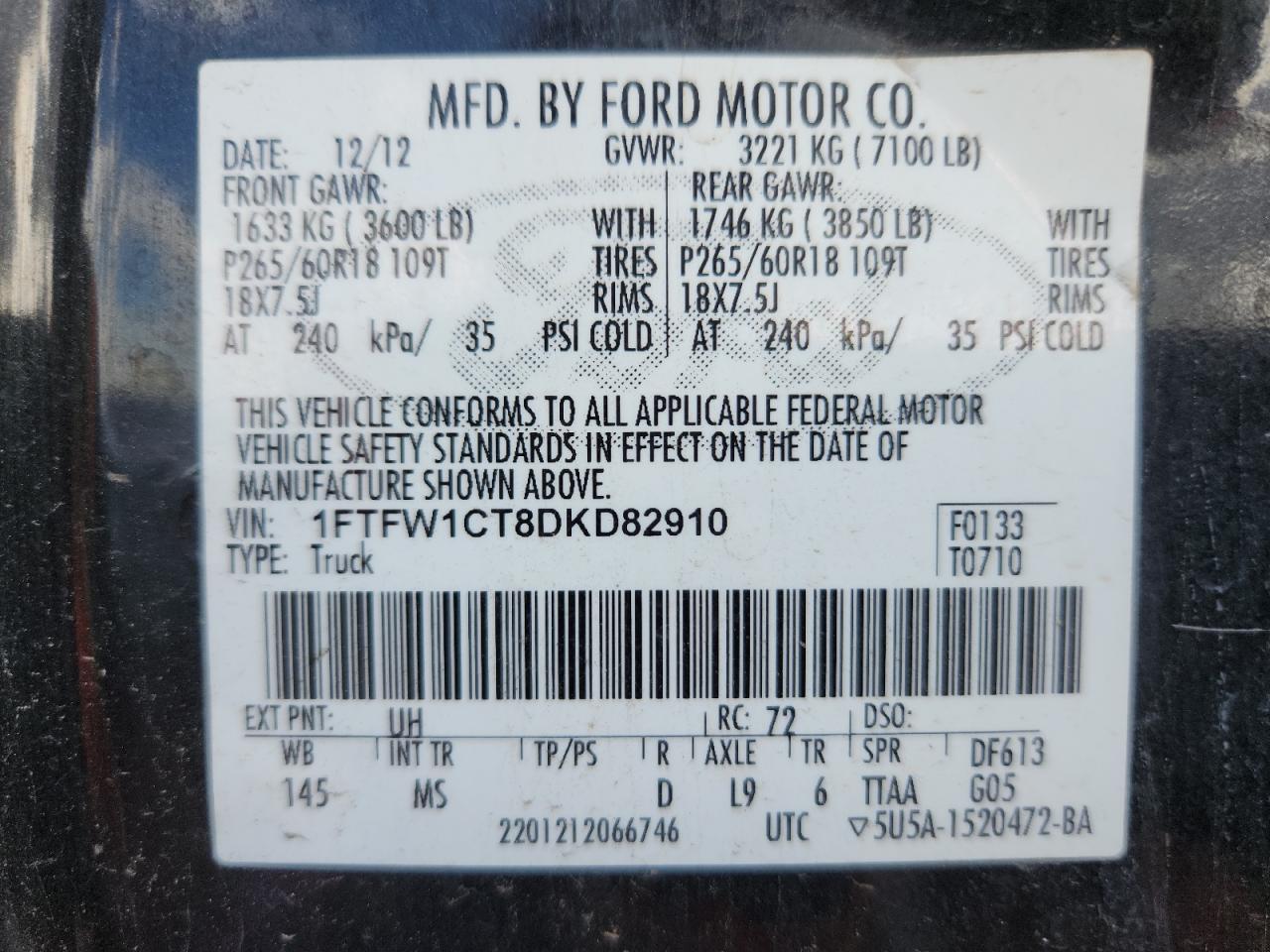 2013 Ford F150 Supercrew VIN: 1FTFW1CT8DKD82910 Lot: 82395265