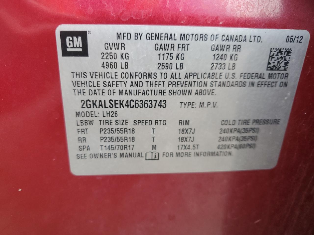 2012 GMC Terrain Sle VIN: 2GKALSEK4C6363743 Lot: 82715305