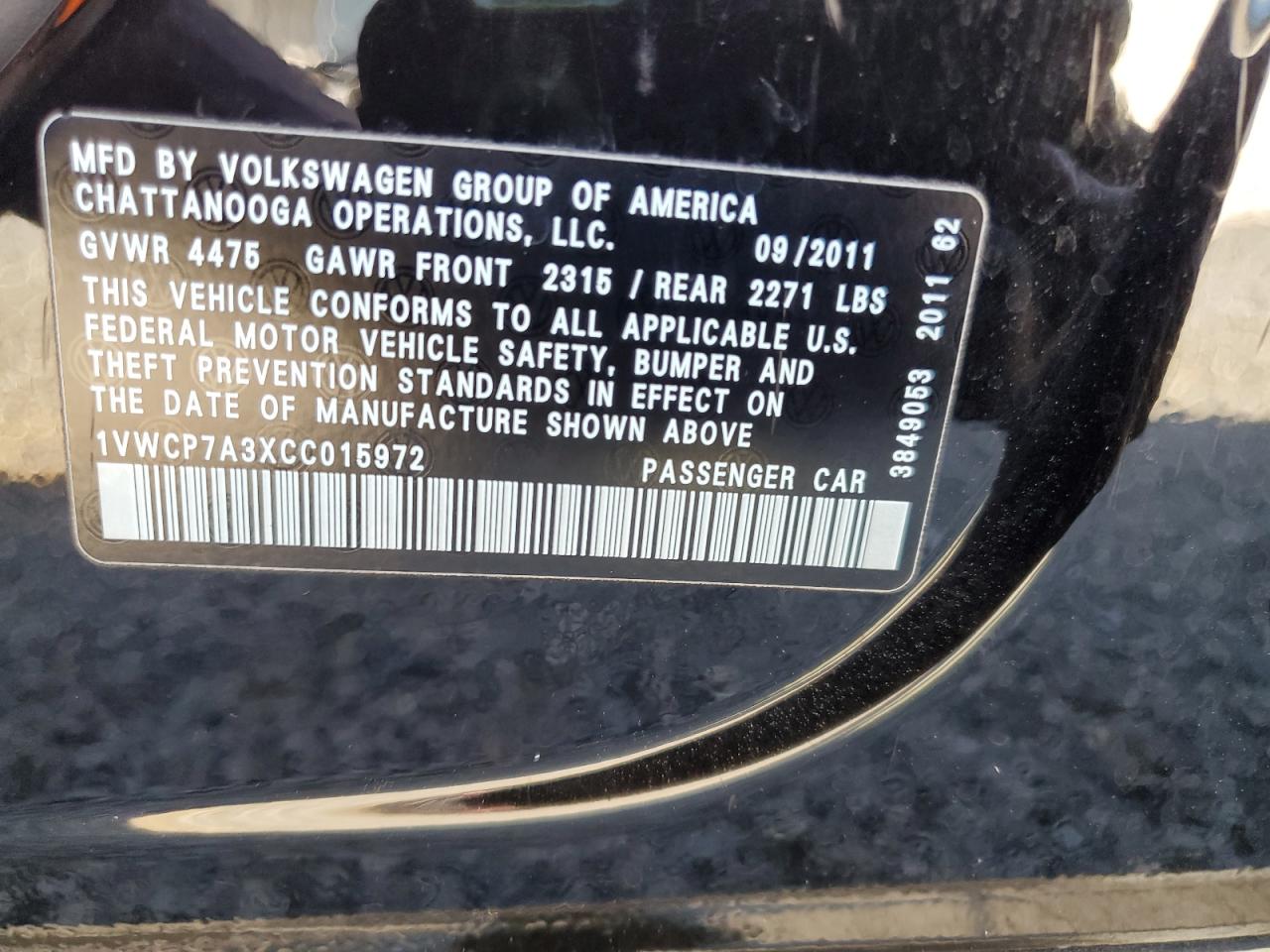 2012 Volkswagen Passat Sel VIN: 1VWCP7A3XCC015972 Lot: 85141575