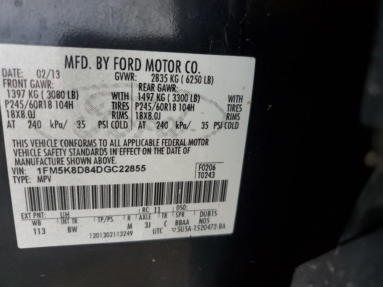 2013 Ford Explorer Xlt VIN: 1FM5K8D84DGC22855 Lot: 81952015