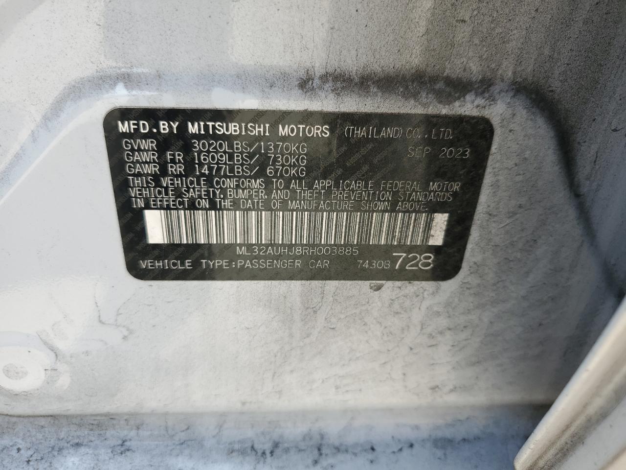 2024 Mitsubishi Mirage Es VIN: ML32AUHJ8RH003885 Lot: 85703735