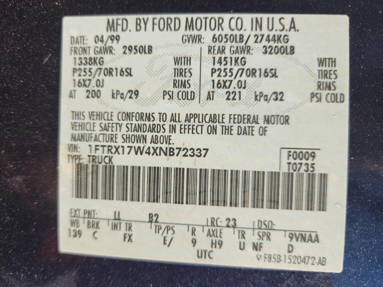1999 Ford F150 VIN: 1FTRX17W4XNB72337 Lot: 86766575