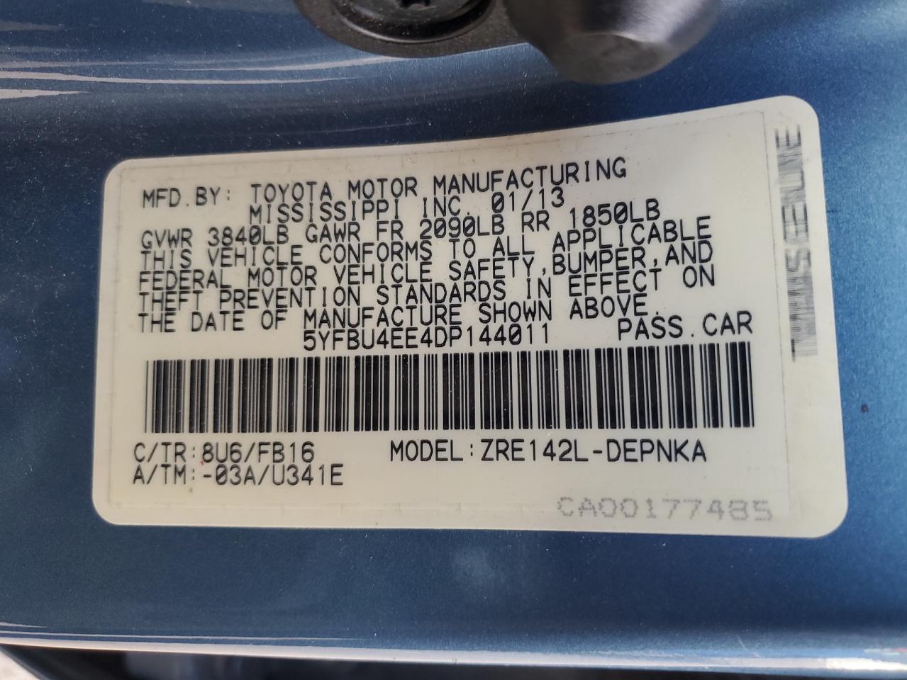 2013 Toyota Corolla Base VIN: 5YFBU4EE4DP144011 Lot: 85707815
