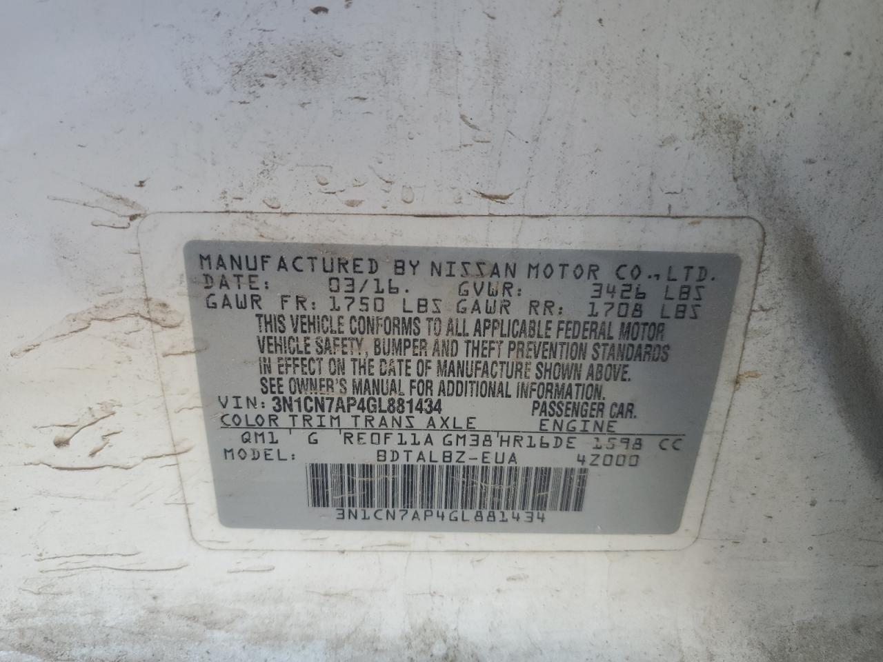 2016 Nissan Versa S VIN: 3N1CN7AP4GL881434 Lot: 86489305