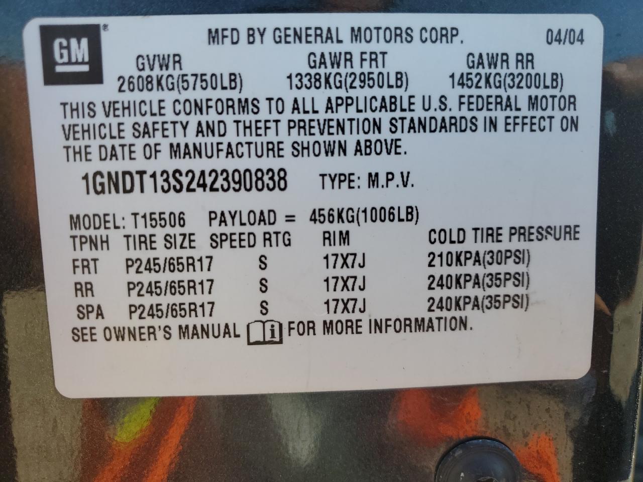 2004 Chevrolet Trailblazer Ls VIN: 1GNDT13S242390838 Lot: 82265985