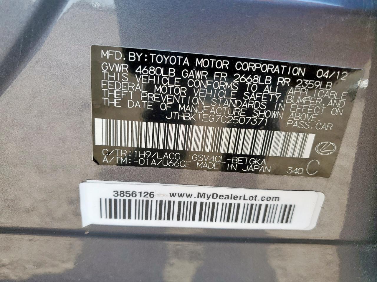 2012 Lexus Es 350 VIN: JTHBK1EG7C2507371 Lot: 85113785