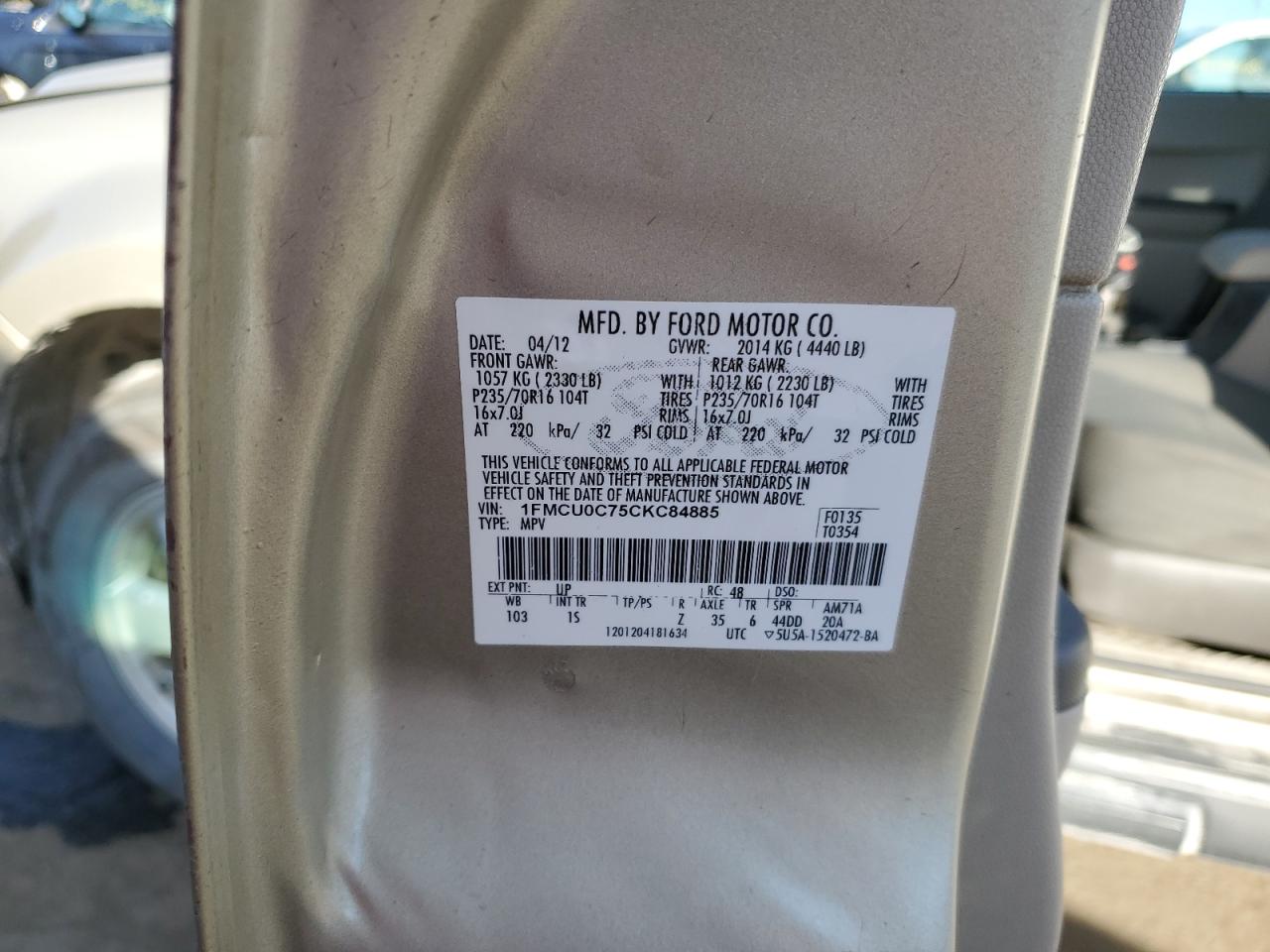 2012 Ford Escape Xls VIN: 1FMCU0C75CKC84885 Lot: 86334485