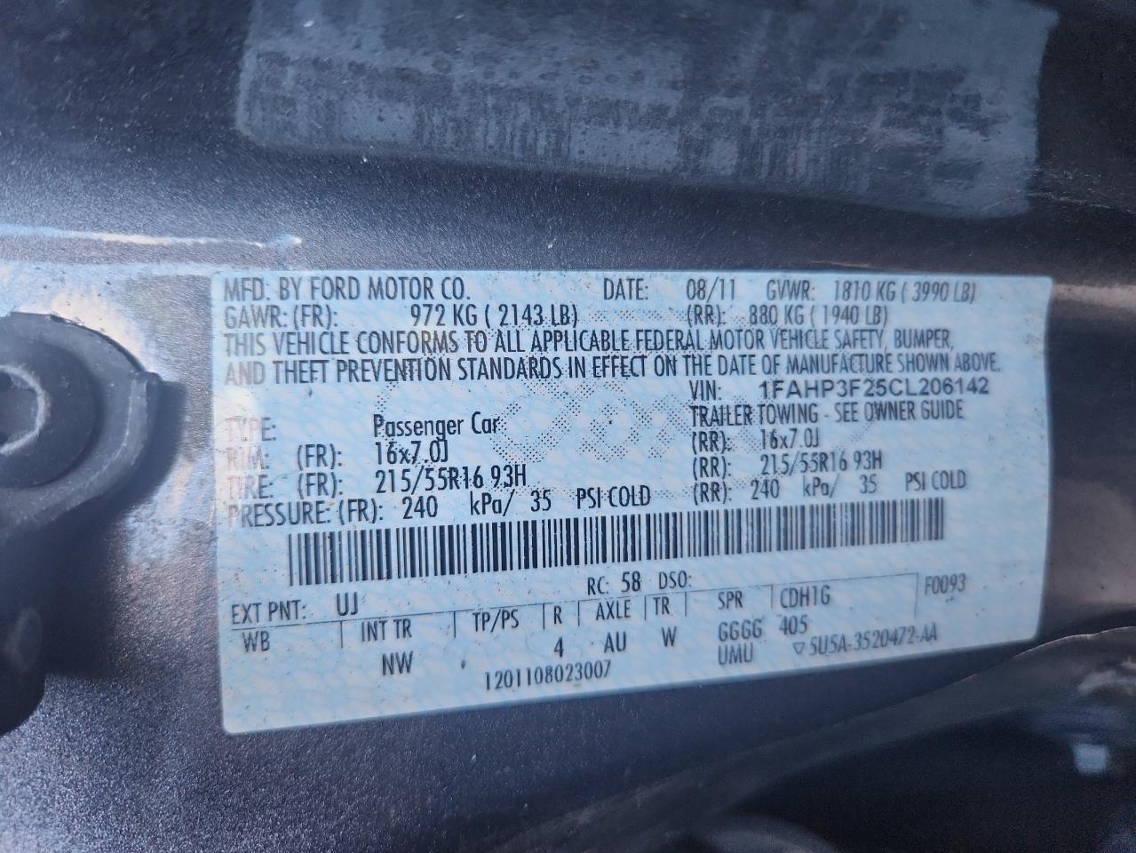 2012 Ford Focus Se VIN: 1FAHP3F25CL206142 Lot: 85008965