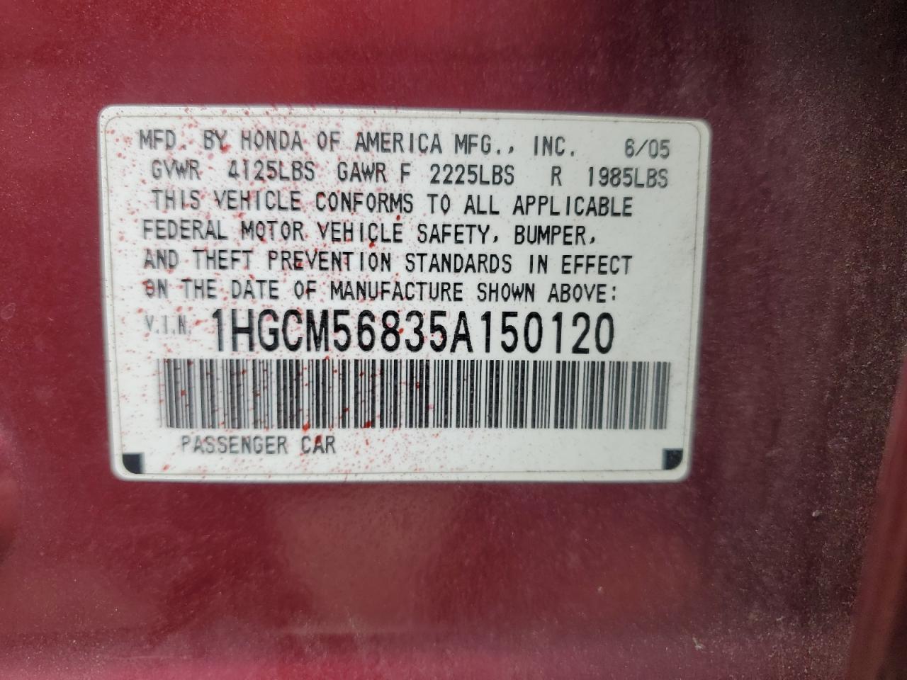 2005 Honda Accord Ex VIN: 1HGCM56835A150120 Lot: 81894525