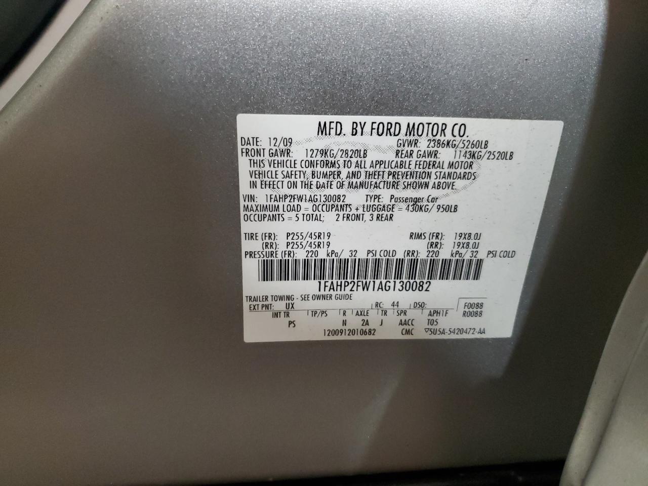 2010 Ford Taurus Limited VIN: 1FAHP2FW1AG130082 Lot: 89702275