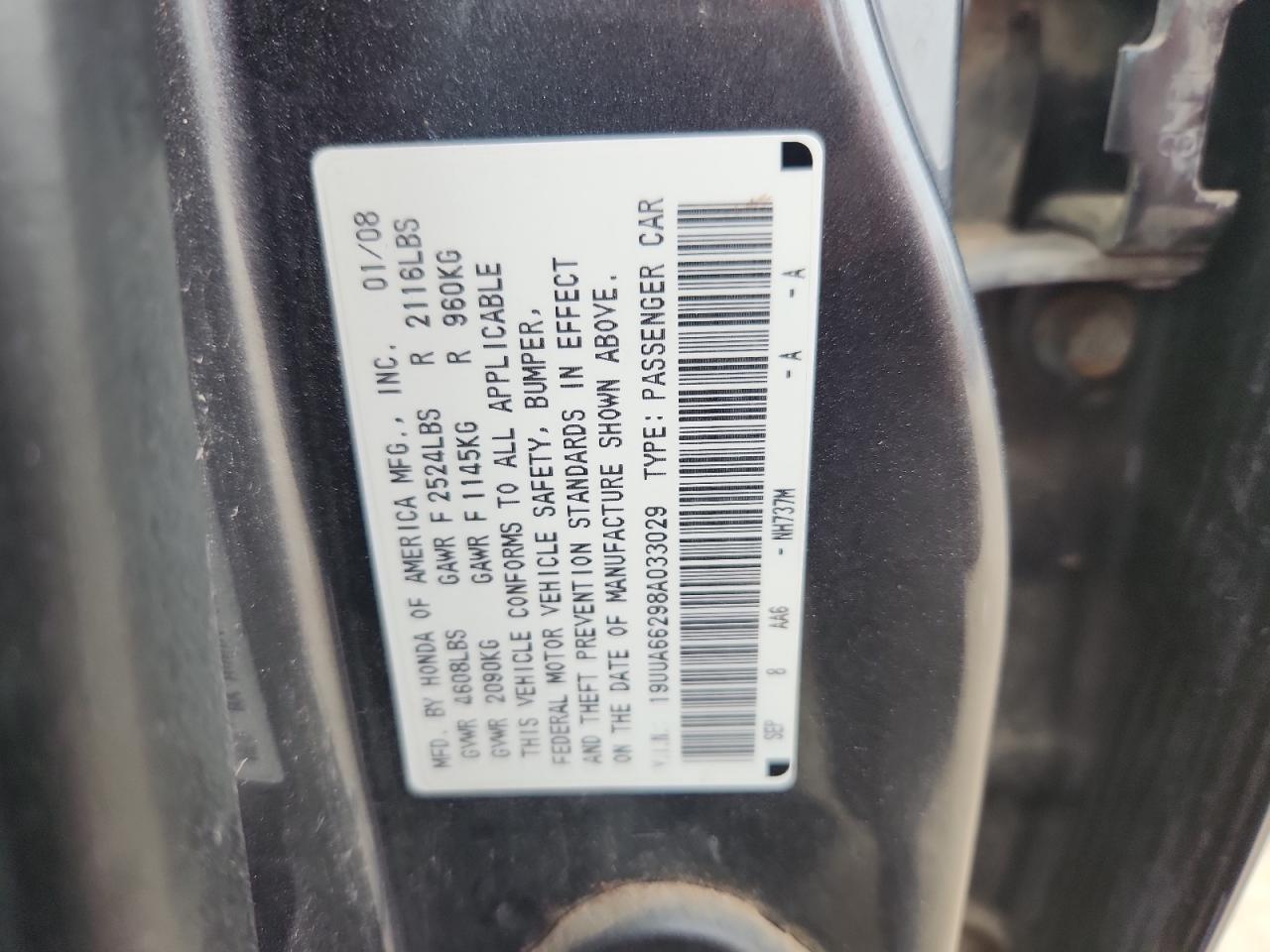 2008 Acura Tl VIN: 19UUA66298A033029 Lot: 84365285