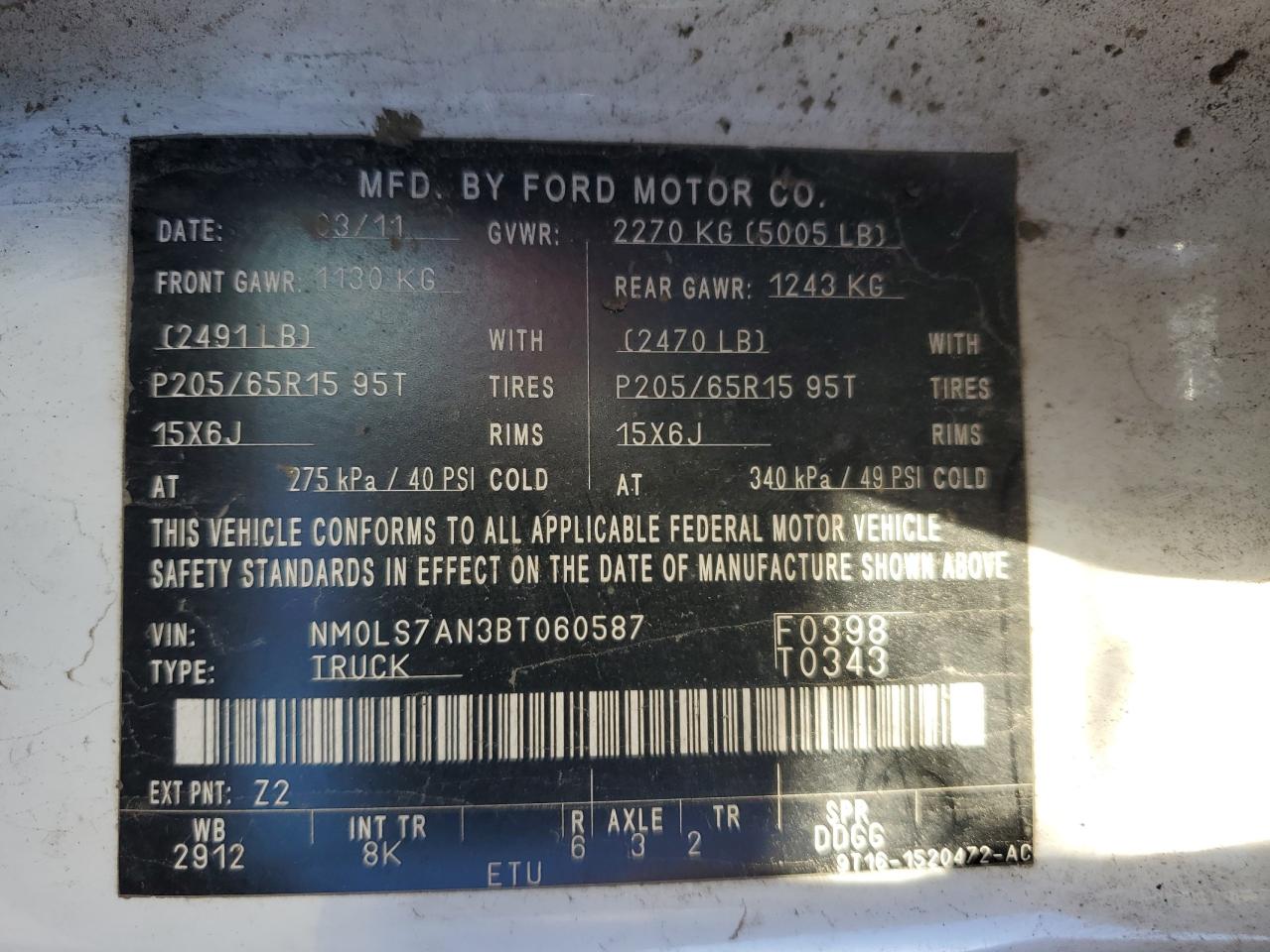 2011 Ford Transit Connect Xl VIN: NM0LS7AN3BT060587 Lot: 82001125