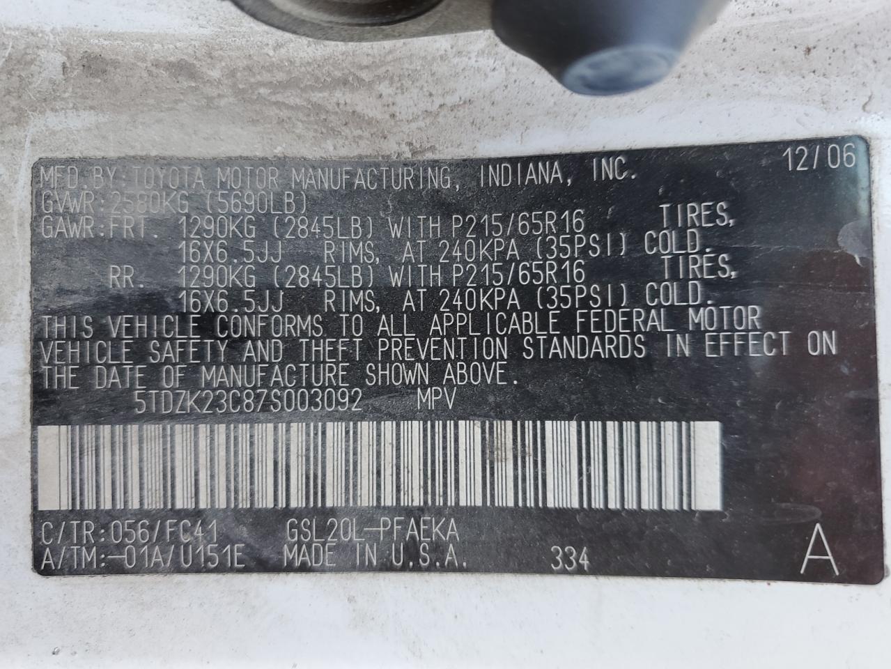 2007 Toyota Sienna Ce VIN: 5TDZK23C87S003092 Lot: 85353455