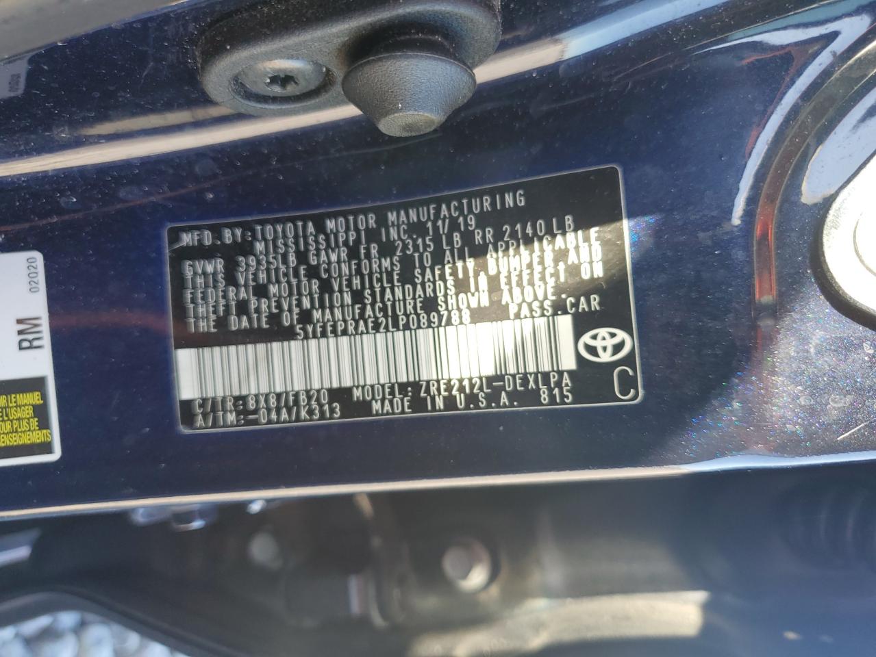 2020 Toyota Corolla Le VIN: 5YFEPRAE2LP089788 Lot: 82414605