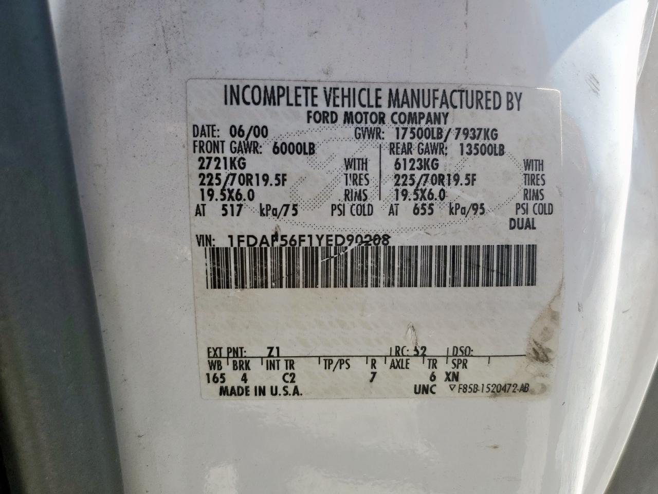 2000 Ford Super Duty F-550 Xl VIN: 1FDAF56F1YED90208 Lot: 84538815