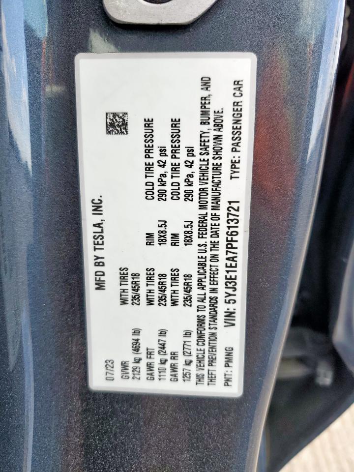 2023 Tesla Model 3 VIN: 5YJ3E1EA7PF613721 Lot: 85134385