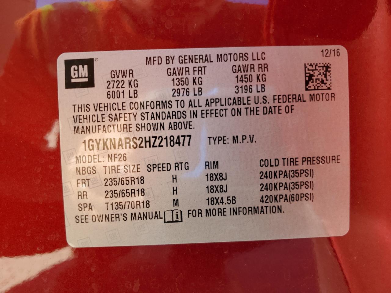 2017 Cadillac Xt5 VIN: 1GYKNARS2HZ218477 Lot: 90446575