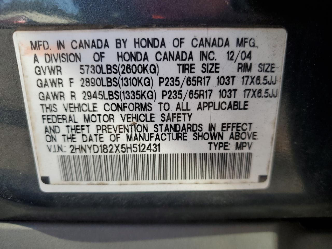 2005 Acura Mdx VIN: 2HNYD182X5H512431 Lot: 86877355