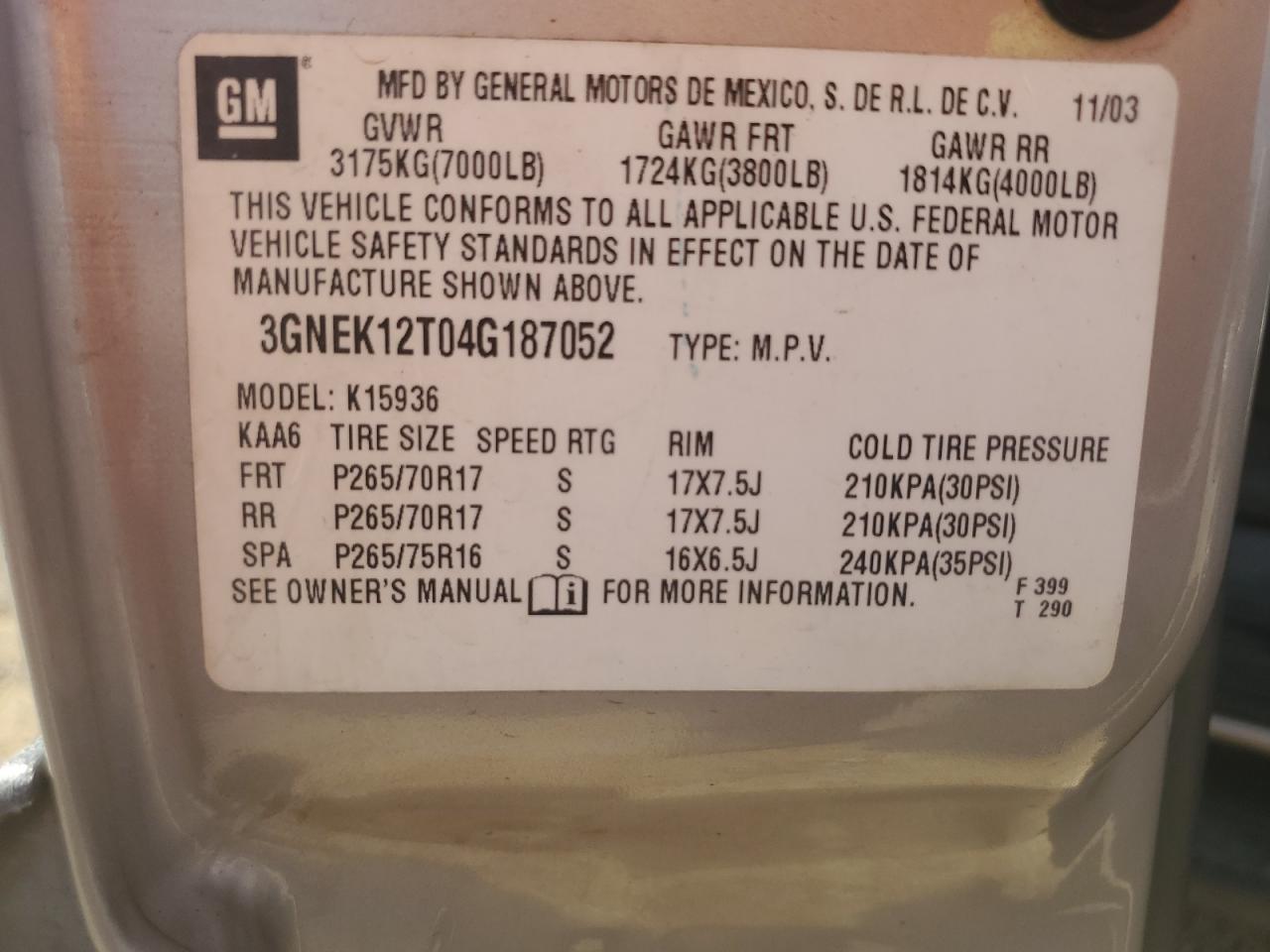 2004 Chevrolet Avalanche K1500 VIN: 3GNEK12T04G187052 Lot: 83967015