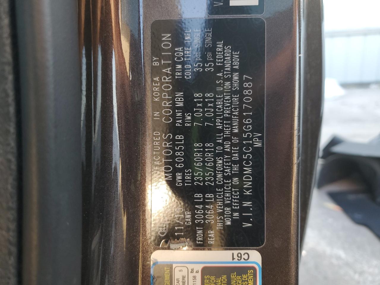 2016 Kia Sedona Ex VIN: KNDMC5C15G6170887 Lot: 84965425