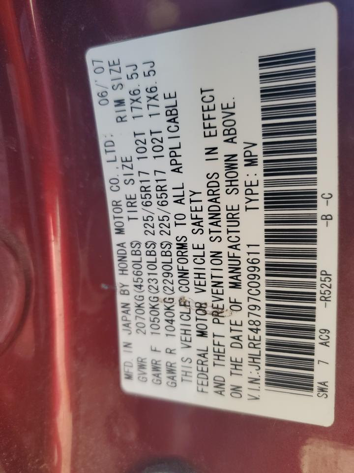 2007 Honda Cr-V Exl VIN: JHLRE48797C099611 Lot: 85499895