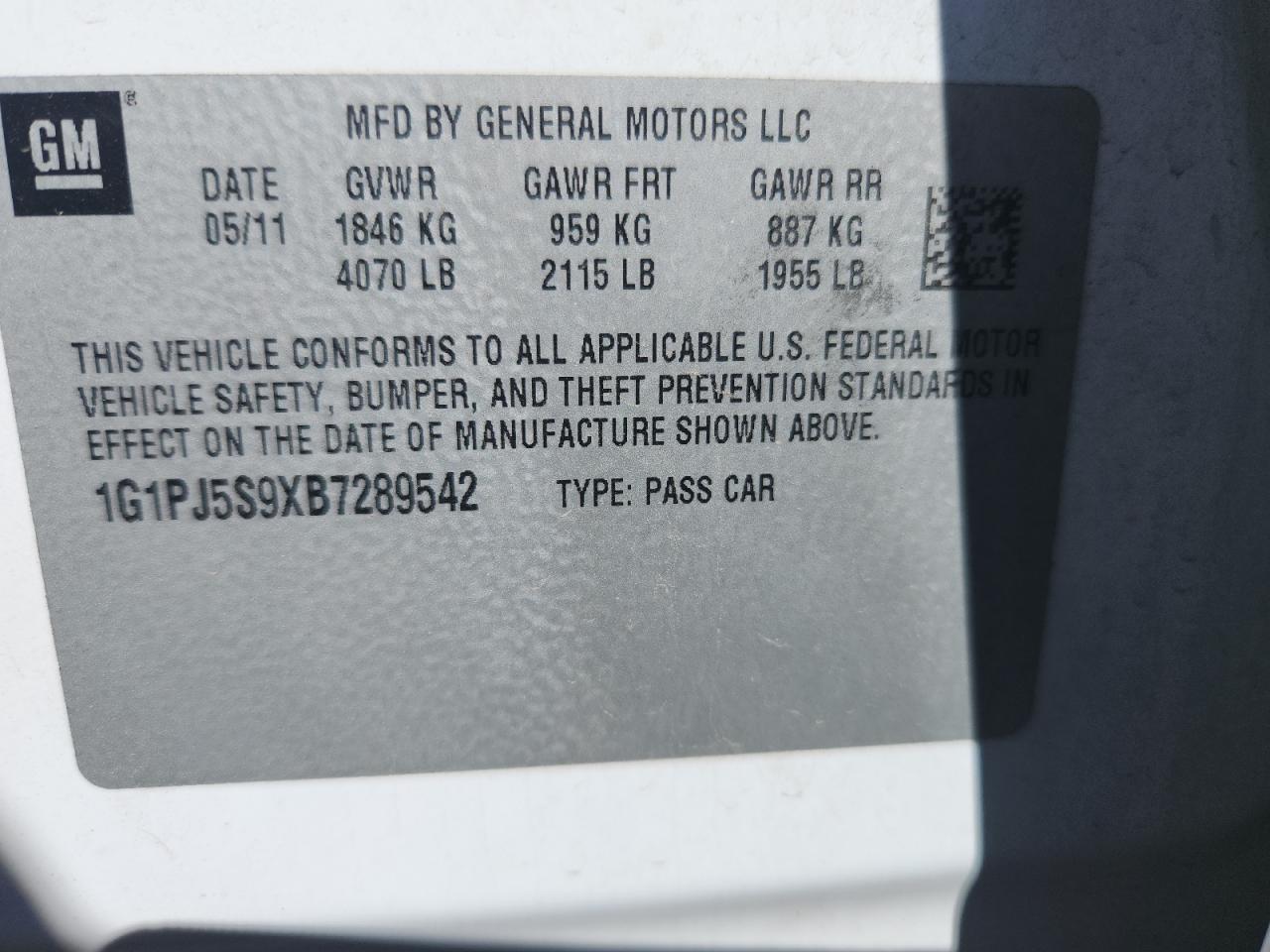 2011 Chevrolet Cruze Eco VIN: 1G1PJ5S9XB7289542 Lot: 84980855