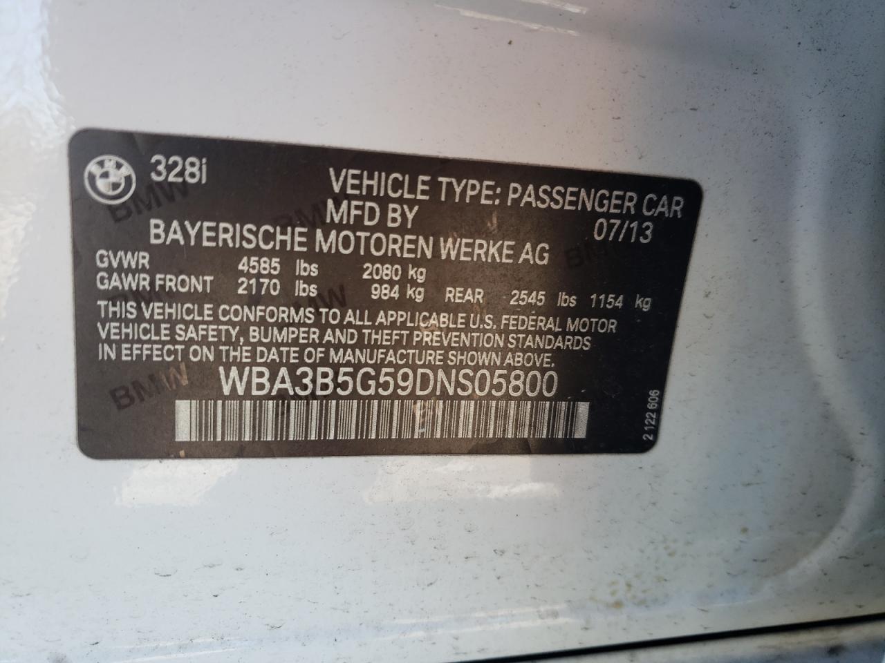 2013 BMW 328 Xi Sulev VIN: WBA3B5G59DNS05800 Lot: 82685565