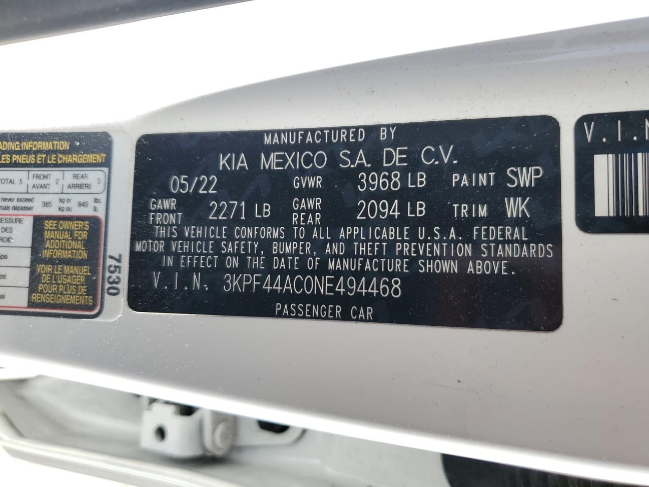 2022 Kia Forte Gt VIN: 3KPF44AC0NE494468 Lot: 89518235