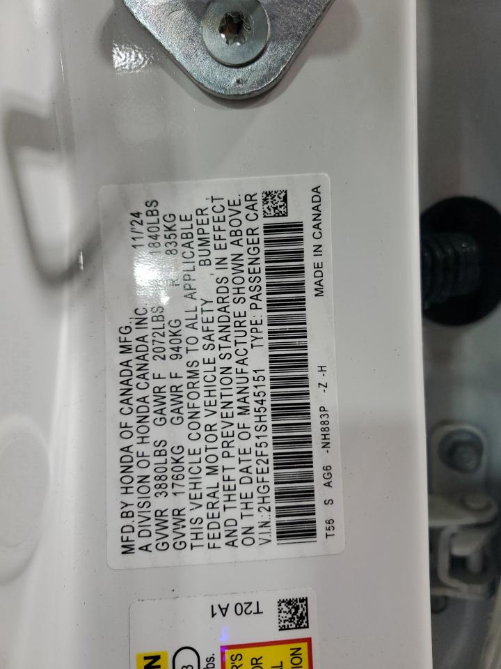 2025 Honda Civic Sport VIN: 2HGFE2F51SH545151 Lot: 84995985