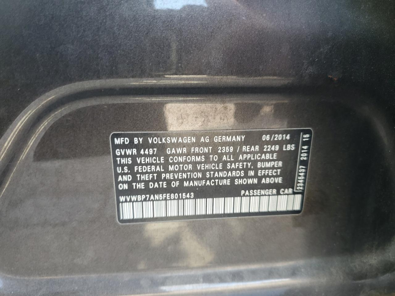 2015 Volkswagen Cc Sport VIN: WVWBP7AN5FE801543 Lot: 84891525