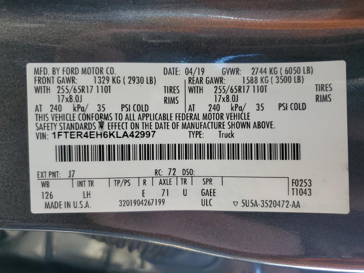 2019 Ford Ranger Xl VIN: 1FTER4EH6KLA42997 Lot: 81854055