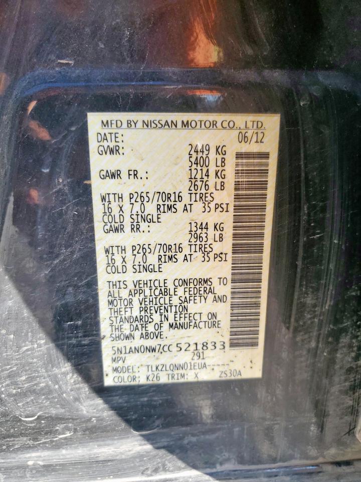 2012 Nissan Xterra Off Road VIN: 5N1AN0NW7CC521833 Lot: 81925705