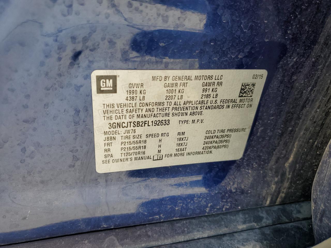 2015 Chevrolet Trax Ltz VIN: 3GNCJTSB2FL192633 Lot: 89723375