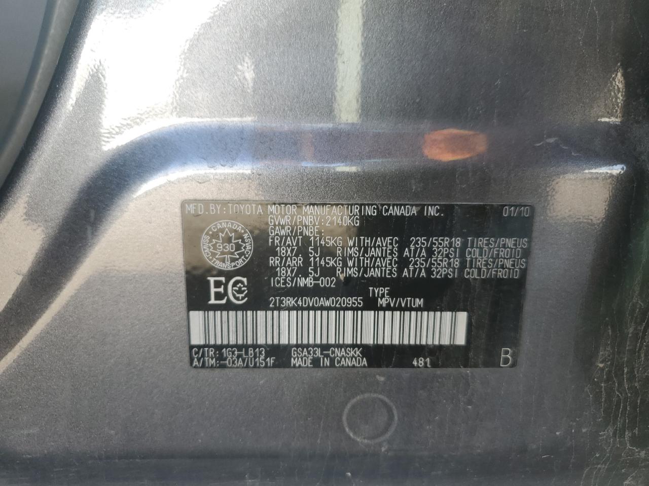 2010 Toyota Rav4 Sport VIN: 2T3RK4DV0AW020955 Lot: 80583175