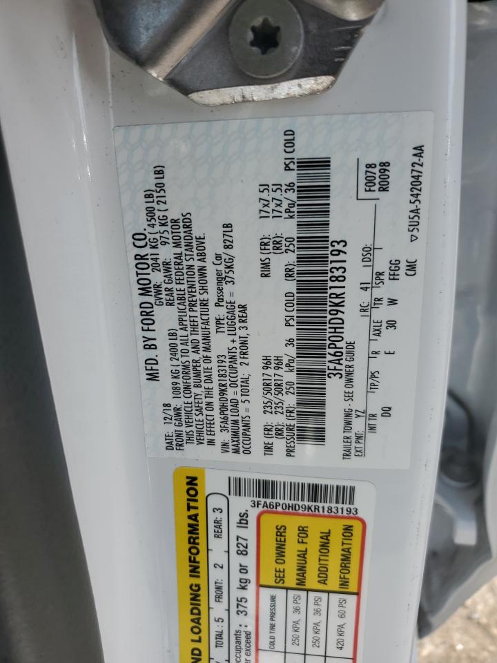 2019 Ford Fusion Se VIN: 3FA6P0HD9KR183193 Lot: 84798205