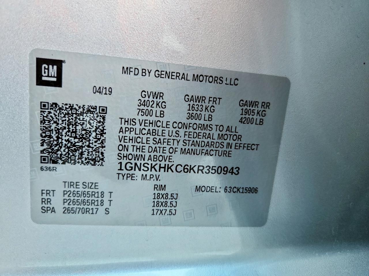 2019 Chevrolet Suburban K1500 Lt VIN: 1GNSKHKC6KR350943 Lot: 82440915