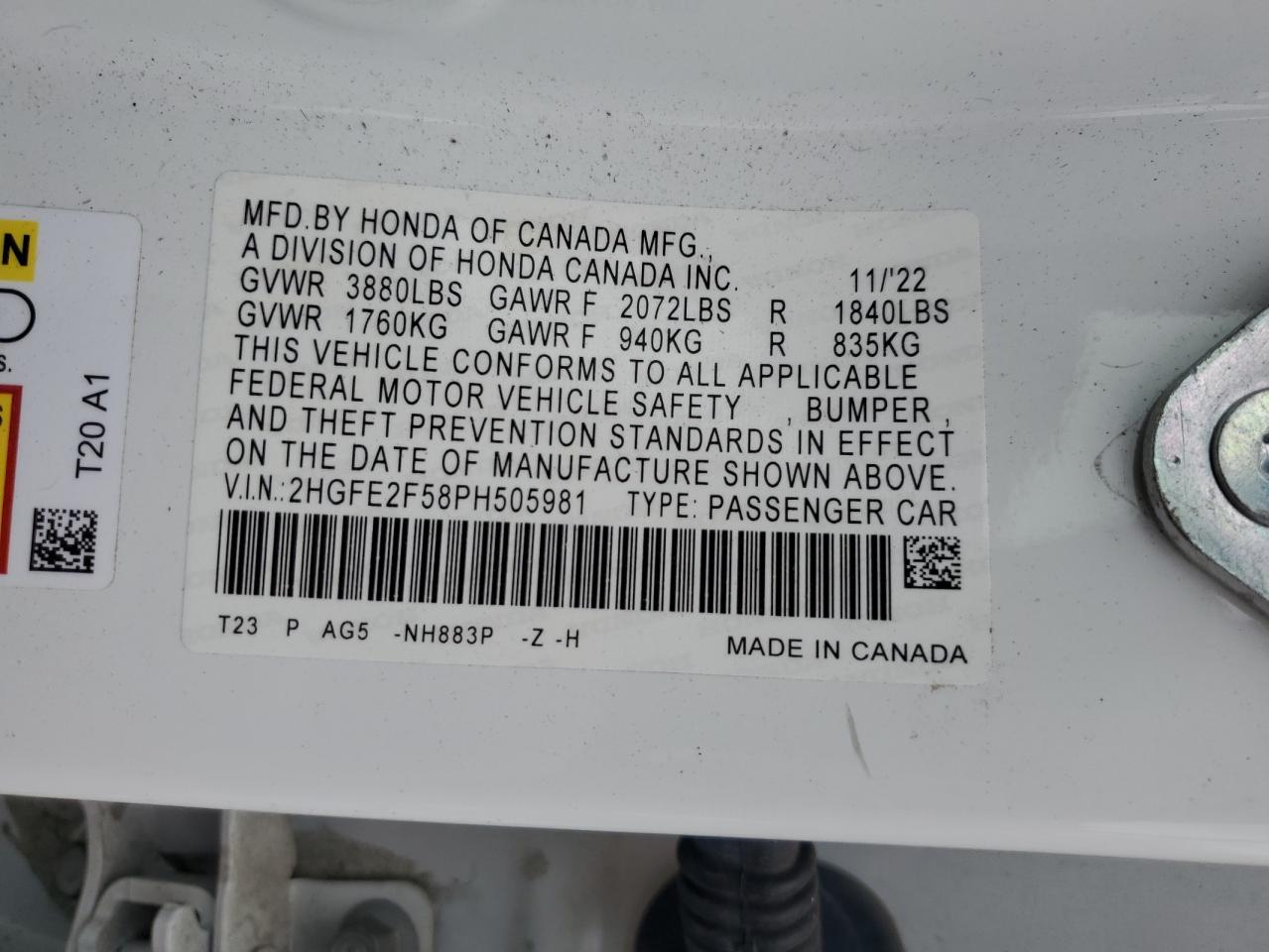 2023 Honda Civic Sport VIN: 2HGFE2F58PH505981 Lot: 85819765