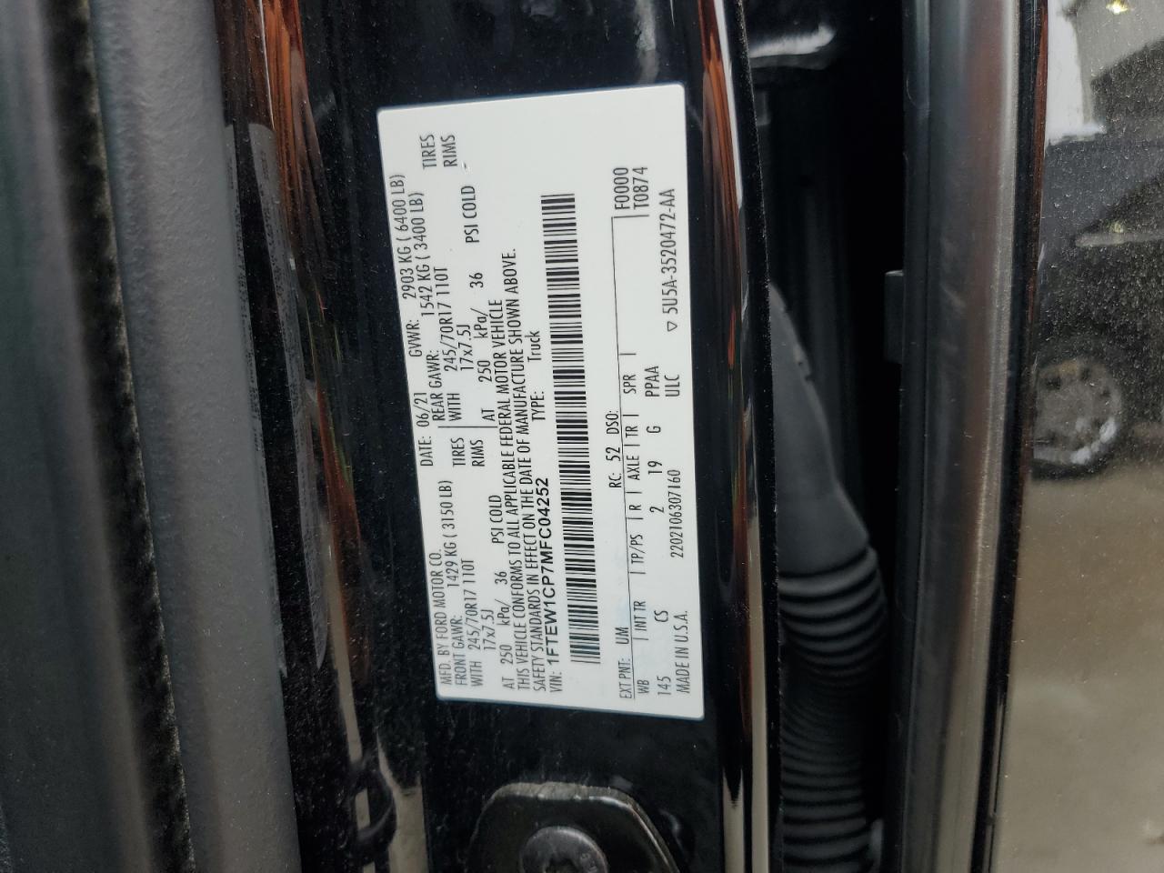 2021 Ford F150 Supercrew VIN: 1FTEW1CP7MFC04252 Lot: 86060065