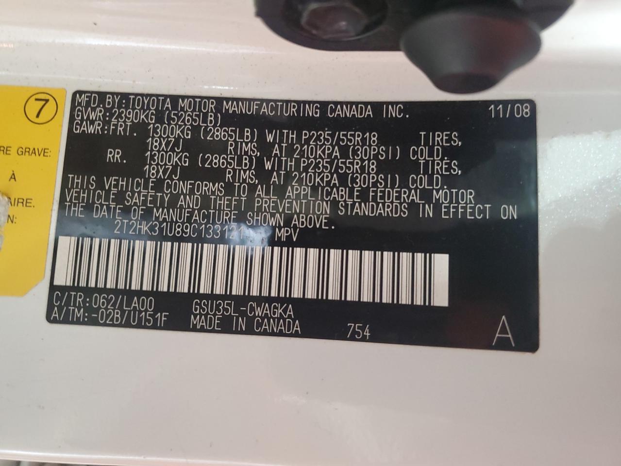 2009 Lexus Rx 350 VIN: 2T2HK31U89C133121 Lot: 86467025