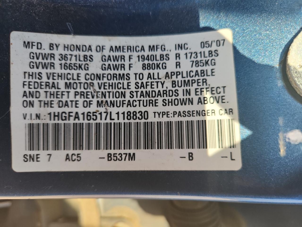 2007 Honda Civic Lx VIN: 1HGFA16517L118830 Lot: 85766405