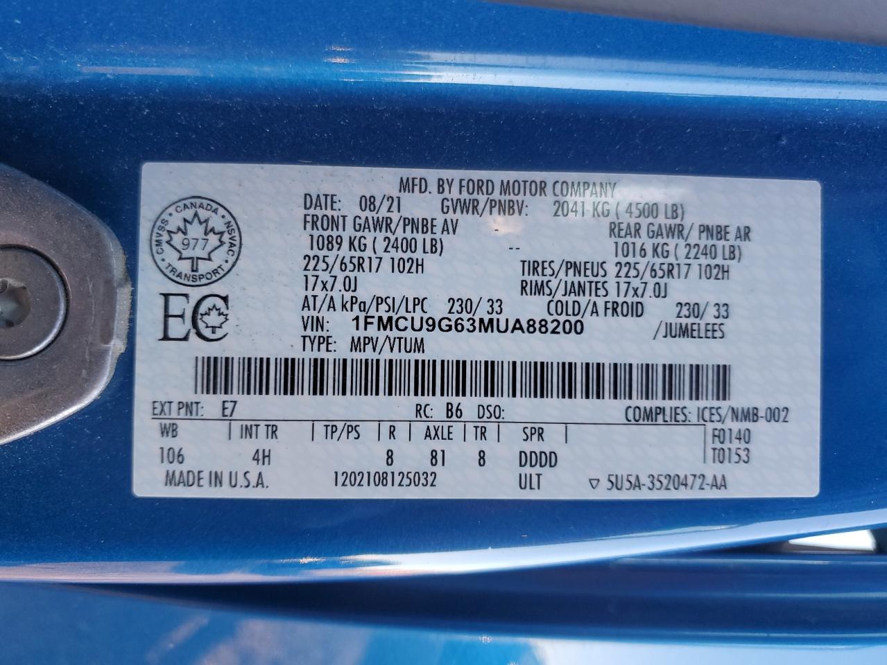 2021 Ford Escape Se VIN: 1FMCU9G63MU988920 Lot: 86075895