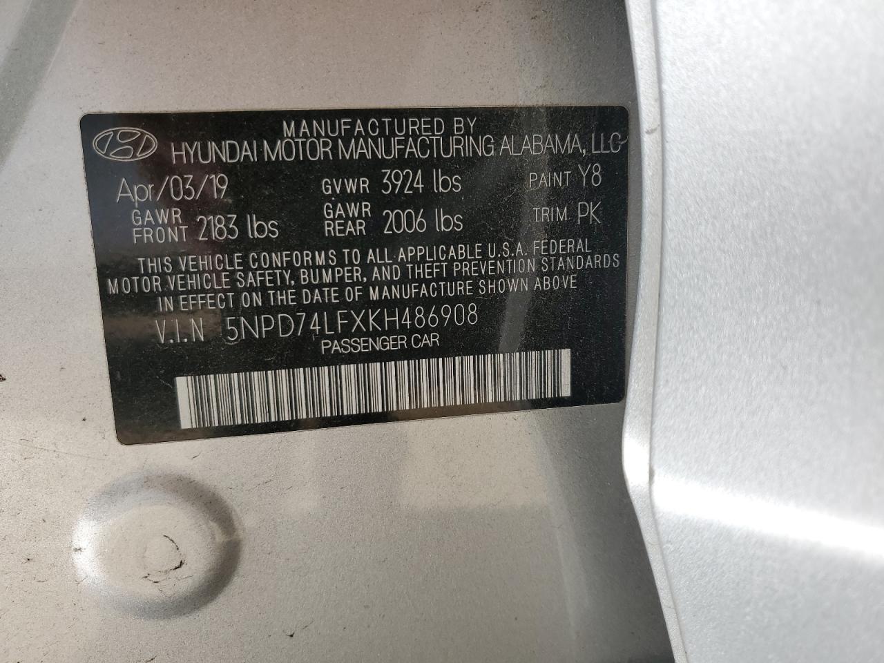 2019 Hyundai Elantra Se VIN: 5NPD74LFXKH486908 Lot: 86865175