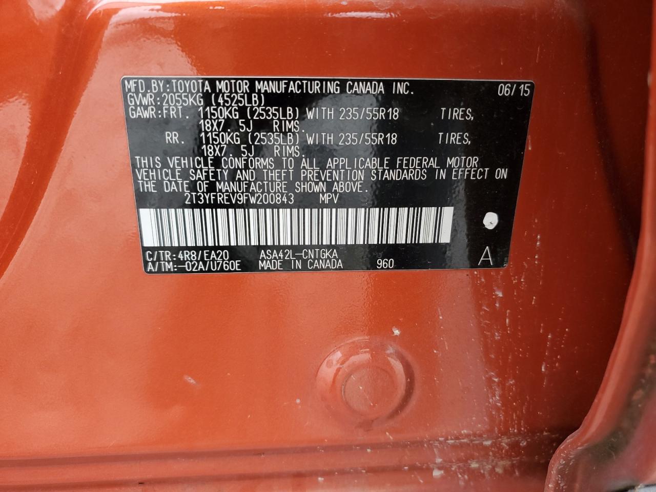 2015 Toyota Rav4 Limited VIN: 2T3YFREV9FW200843 Lot: 82334825